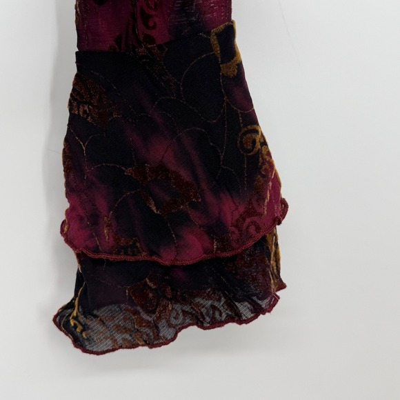 Y2K Burgundy Sheer Mesh Off Shoulder Corset Top Ruffle Bell Sleeve Floral Tie - Picture 3 of 5